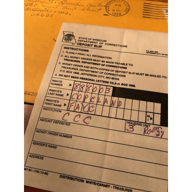Deceased - Faye Copeland inmate Trust Fund Slip filles by her in lay 90’s