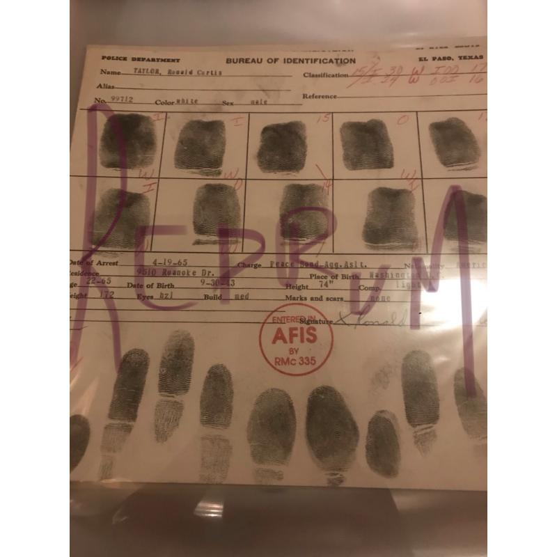 Ronald Curtis Taylor original fingerprint chart And l Paso Texas from 1965