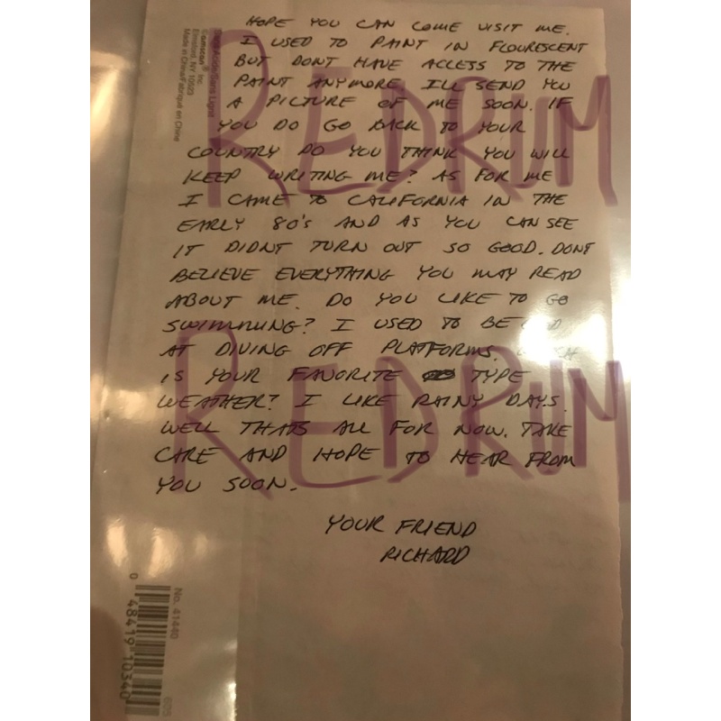 Richard Ramirez very important 2 p. Handwritten letter drawing And envelope with inserts from February 29, 2009