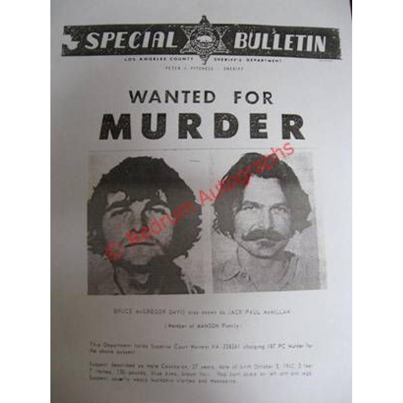 Bruce Davis PoliceSpecial  Bulletin on 8.5 x 11 from Los Angeles County Sheriff's Department