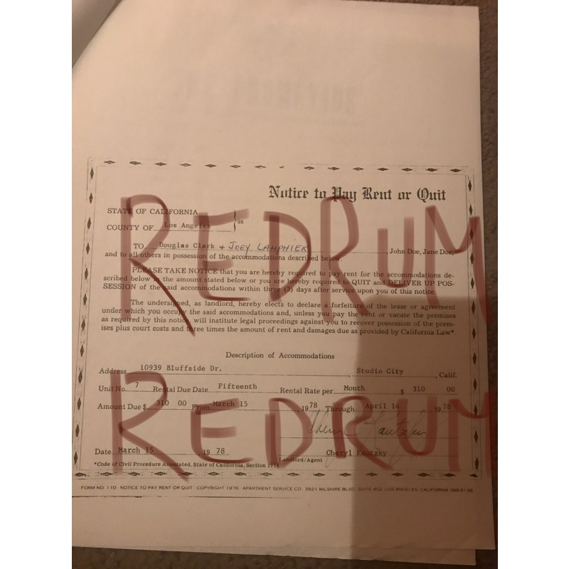 Deceased - Douglas Clark One-of-a-kind 3 pages document letter from landlord , notice to pay rent or quit and declaration of service from 1978
