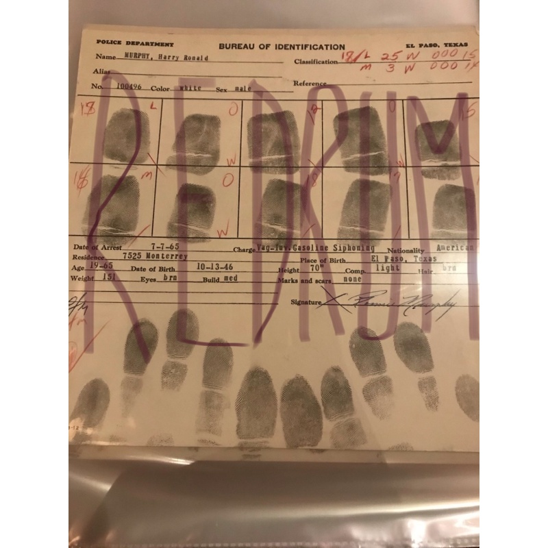 Ronald Murphy original fingerprint chart El Paso Texas from 1965