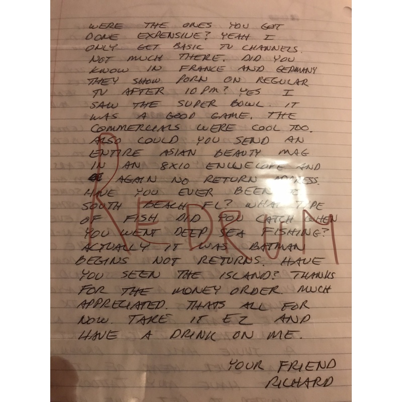 Deceased - Richard Ramirez the  Night Stalker drawing letter envelope from 2005