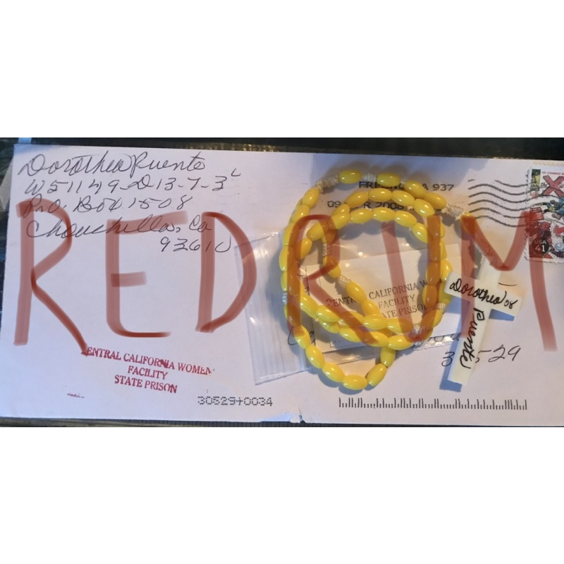 Deceased - Dorothea Puente handmade yellow beaded signed rosary with original labels and envelope from 2008
