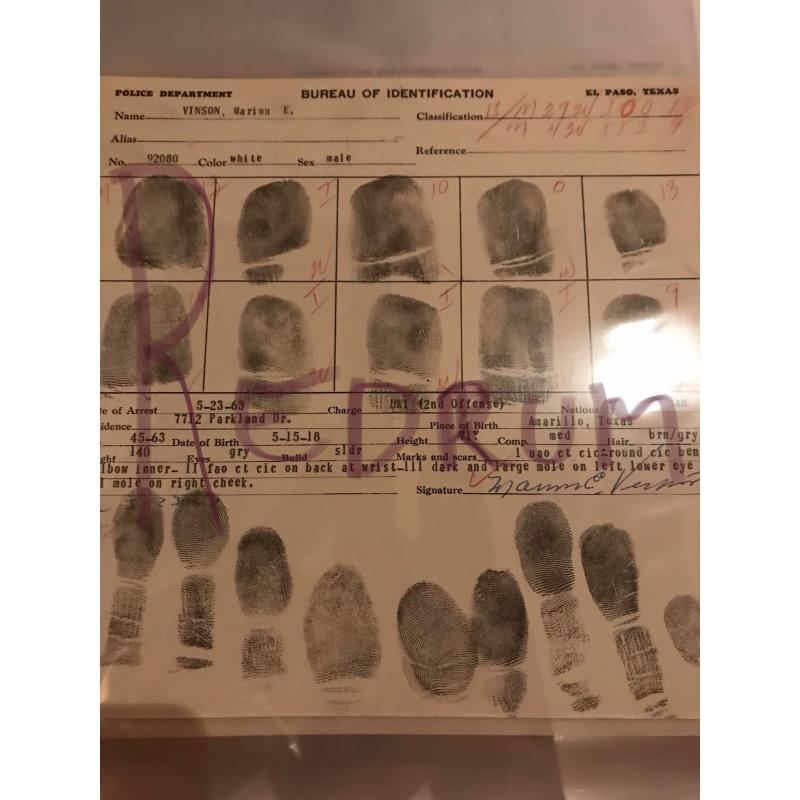Marion Vinson original fingerprint chart El Paso from 1963