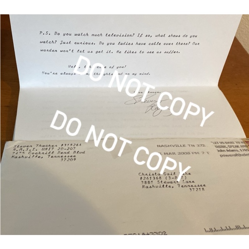 Executed convicted serial killer Steven Thacker typed letter envelope set hand signed addressed to convicted murderer Christa Pike