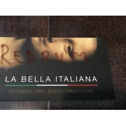 La Bella Italians restaurant pizzeria y gelato business card (le Reggio Bar y gelato)