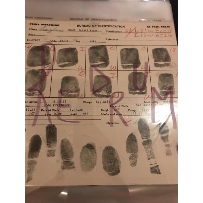 Donald WAYNE Jones original fingerprint chart El Paso Teaxas from 1965