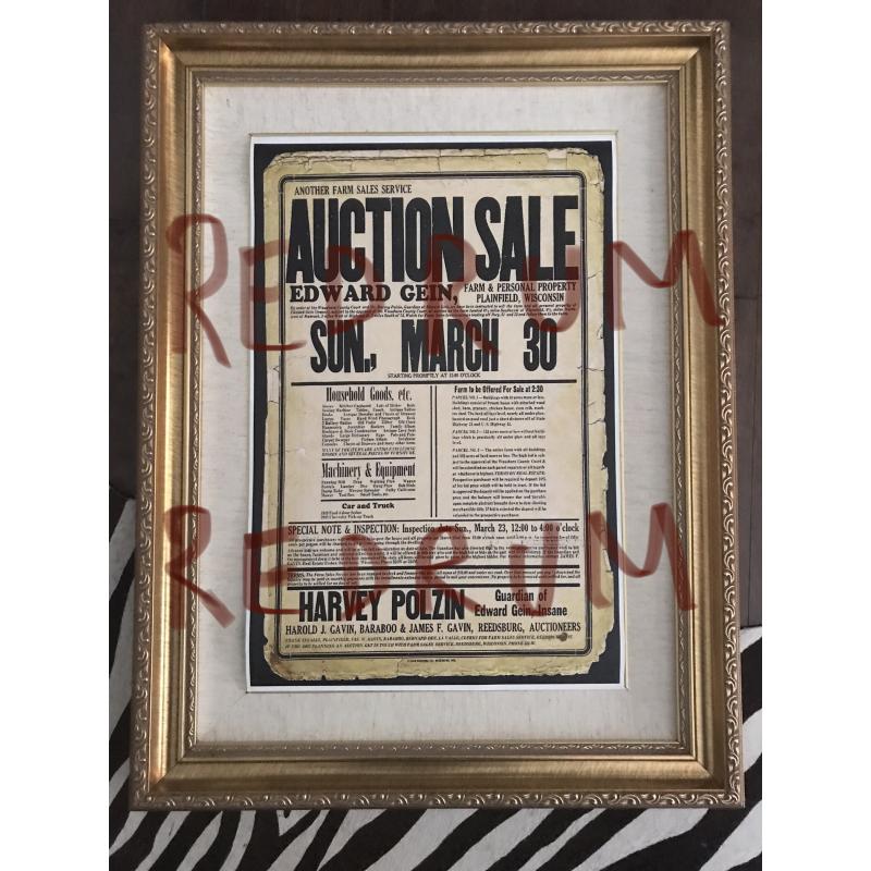 Great Edward Gein 12 x 18 auction poster sale of his farm estate from 1957