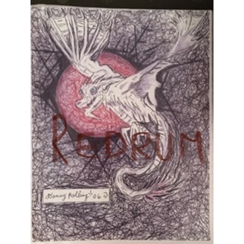 Danny Rolling 8.5 x 11 color ink Red moon Dragon artwork from 2006