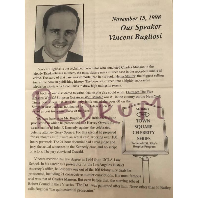 Vincent Bugliosi speech brochure 4 pages copy from the 1990’s