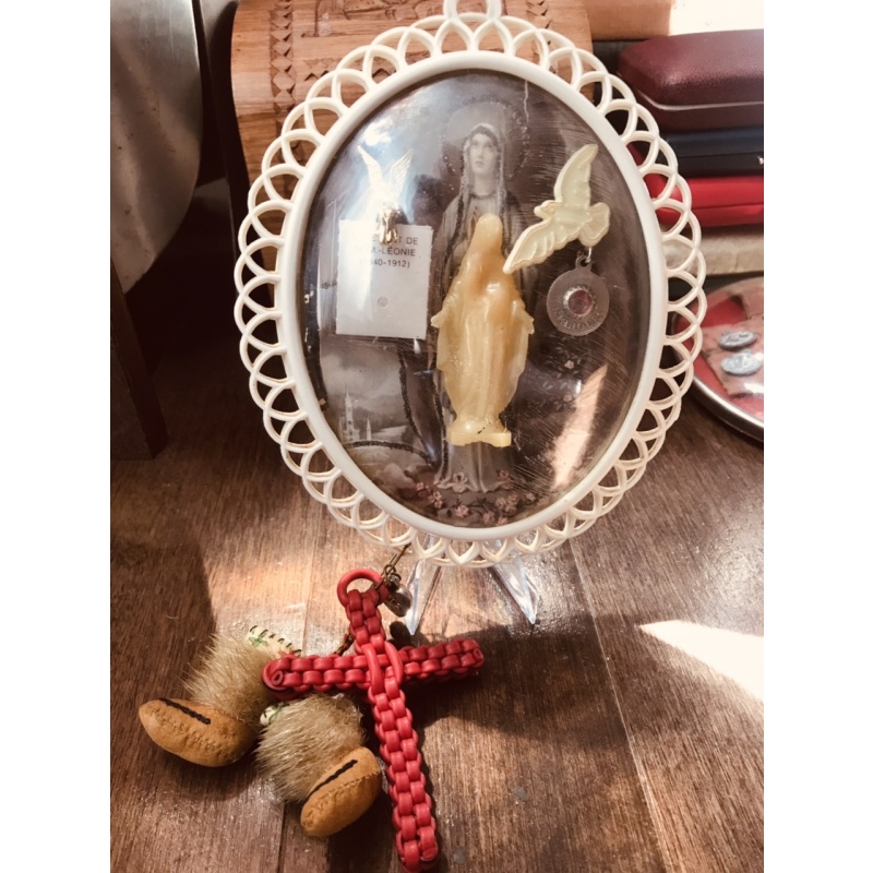 Religious frame Virgin Mary relic with relics on the inside made in Italy WWII