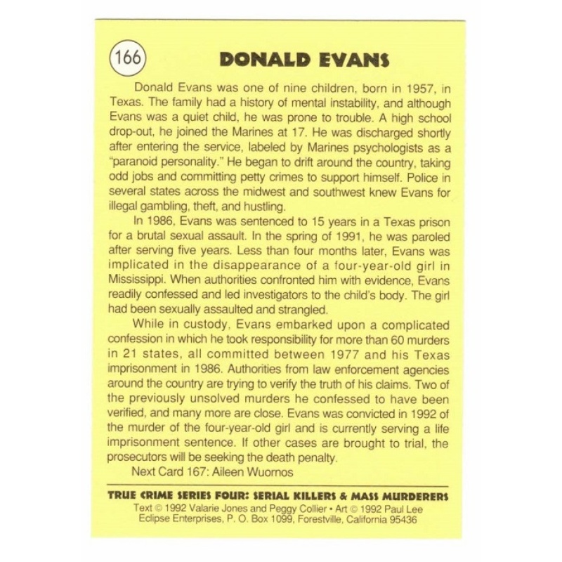 DONALD EVANS TRUE CRIME SERIES 4 TRADING CARD; CARD NO. 166