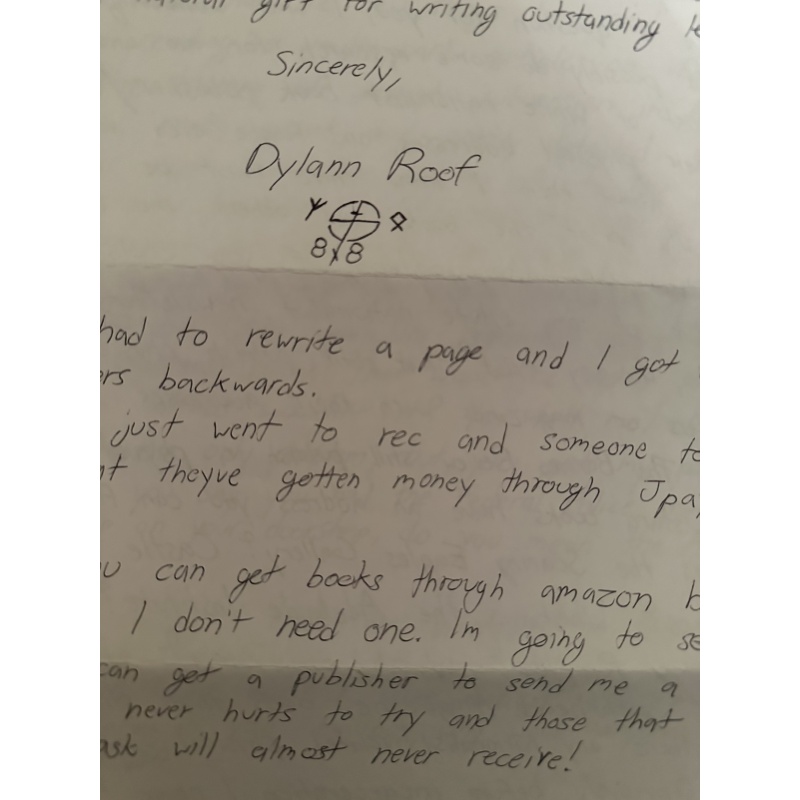Dylann Storm Roof 6 Page Handwritten Letter & Envelope Set