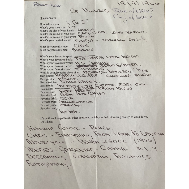 UK SERIAL KILLER PETER MOORE HANDWRITTEN FILLED IN QUESTIONNAIRE