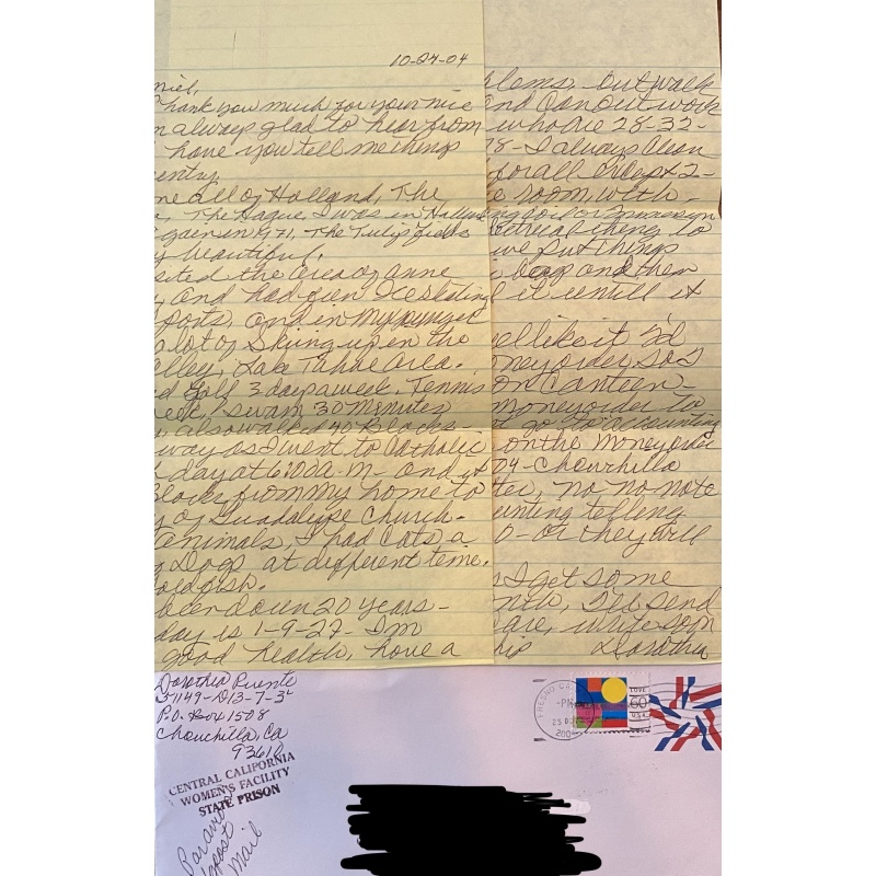 DECEASED SERIAL KILLER DOROTHEA PUENTE HANDWRITTEN 2 PAGE LETTER/ENVELOPE SET