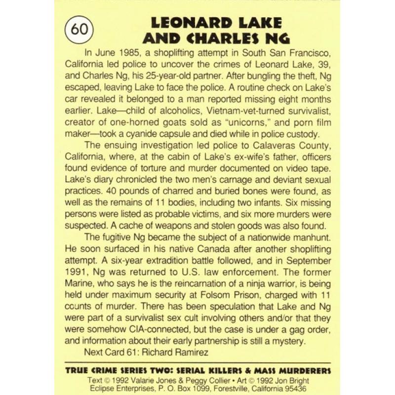 LEONARD LAKE & CHARLES NG SERIES 2 TRUE CRIME TRADING CARD; CARD NO. 60