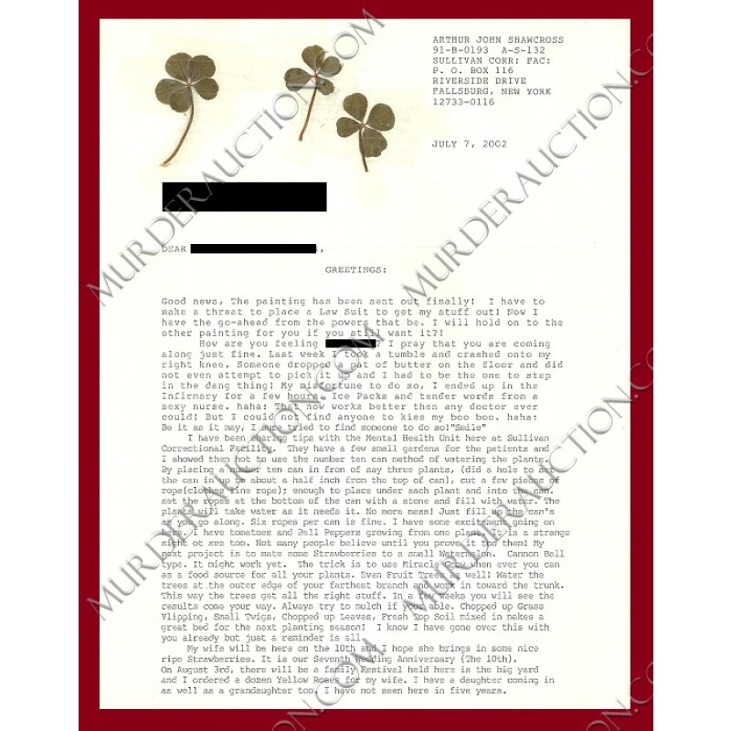 Arthur Shawcross letter/envelope 7/7/2002 DECEASED