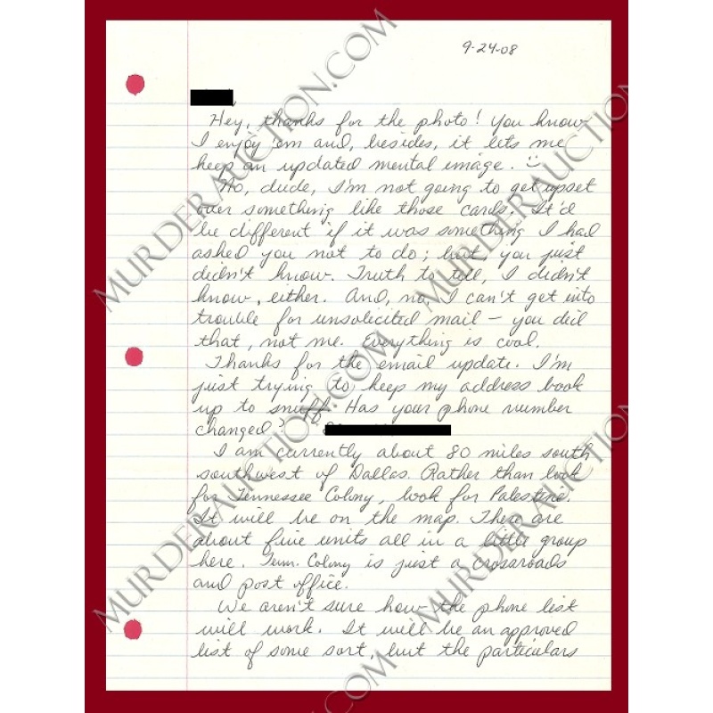 Elmer Wayne Henley letter/envelope 9/24/2008