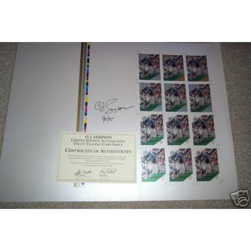 O.J Simpson limited 19 x 25 uncut trading card sheet signed and dated from 1995