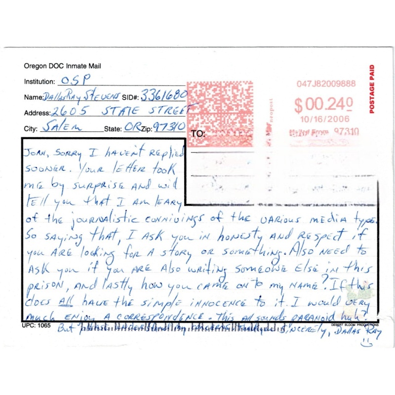 DALLAS RAY STEVENS | Child Murder, Sex Abuse, Rape, Kidnapping | Raped the 12yo daughter of a woman who had been his pen pal while he was serving time in an Idaho prison | Autographed Postcard Signed