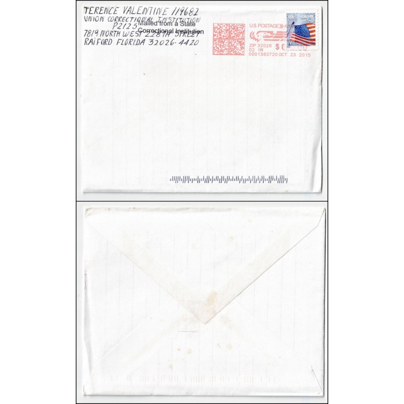 TERENCE/TARENCE VALENTINE | Convicted of the gruesome 1988 killing of Ferdinand Porsche (“trussed him like an animal”) and the attempted murder of Valentine’s ex-wife | Sentenced to Death | Lot of 2 Autographed Letters/ Envelopes Signed | SEALED