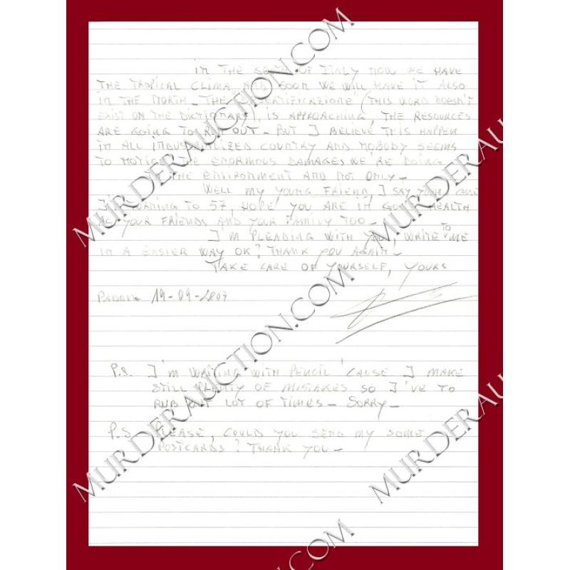 Donato Bilancia letter/envelope 9/20/2007 DECEASED