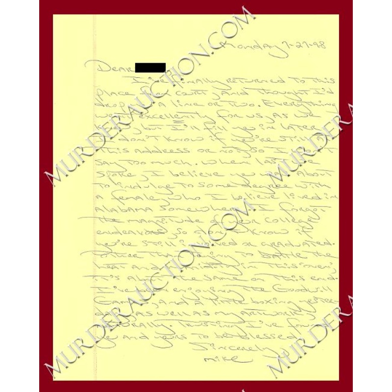 Carlton Michael Gary letter/envelope 7/27/1998 EXECUTED