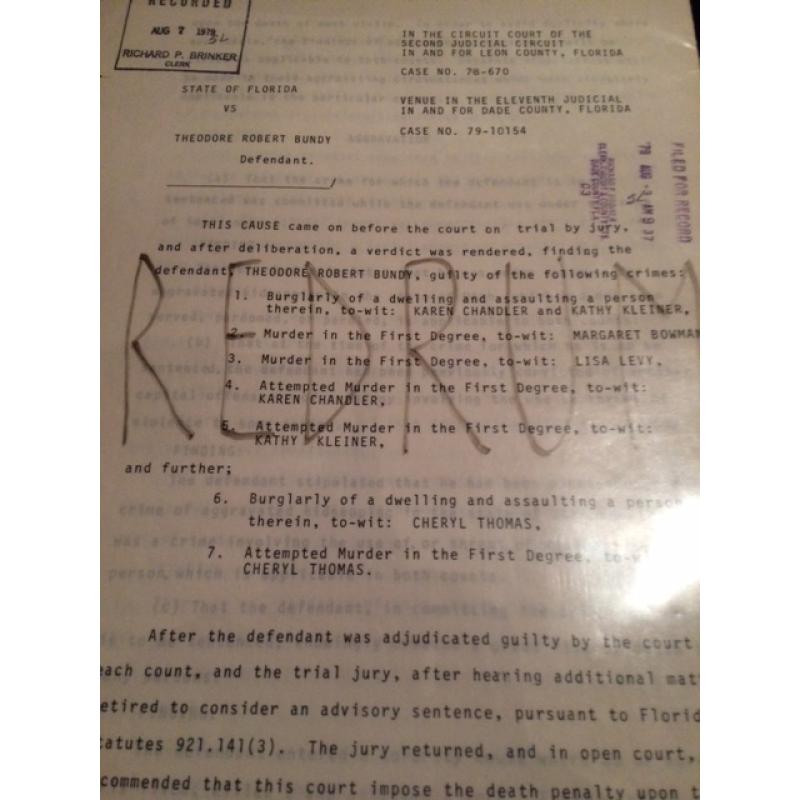Theodore Robert Bundy original 10 pages court document stamped and signed from August 7, 1979