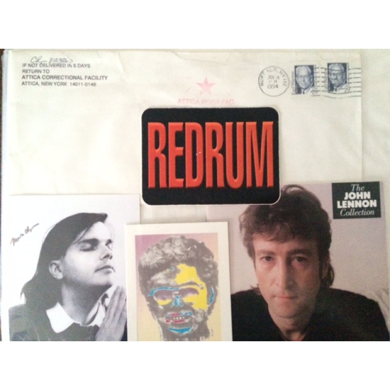 Mark David Chapman and John Lennon group lot with signed Attica envelope and picture, collector card and Lennon CD booklet from the 90's