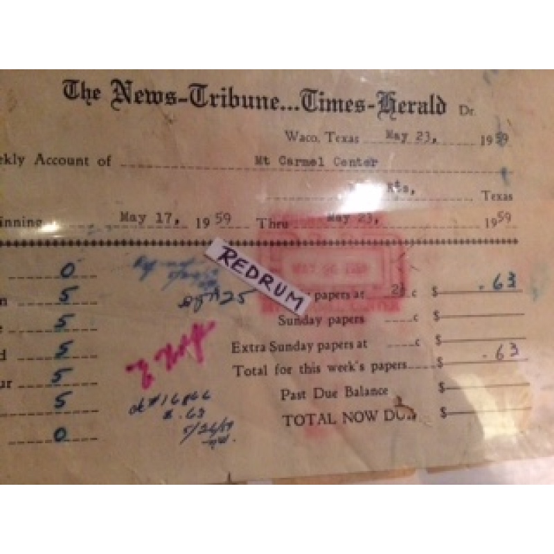 David Koresh - The News Tribune Time -Herald receipt Davidian Branch  Mt Carmel from 1959