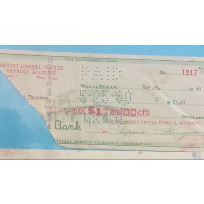 David Koresh - Davidian Branch Mount Carmel center payroll account check no. 1217 from 1960