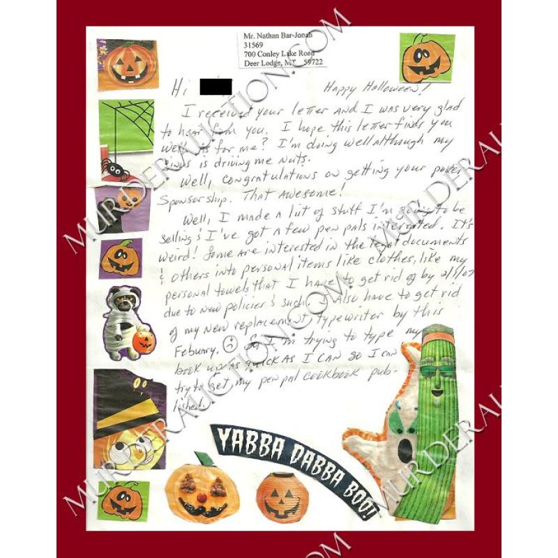 Nathaniel Bar-Jonah crafty letter/envelope 10/19/2006 DECEASED