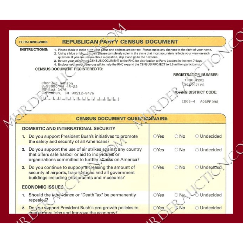 Charles Manson Republican Party Census Document 2006 DECEASED