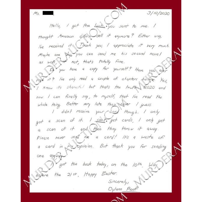 Dylann Roof letter/envelope 3/10/2020