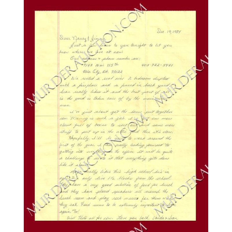 Vonda Bellofatto letter/envelope 1/11/1985 VICTIM